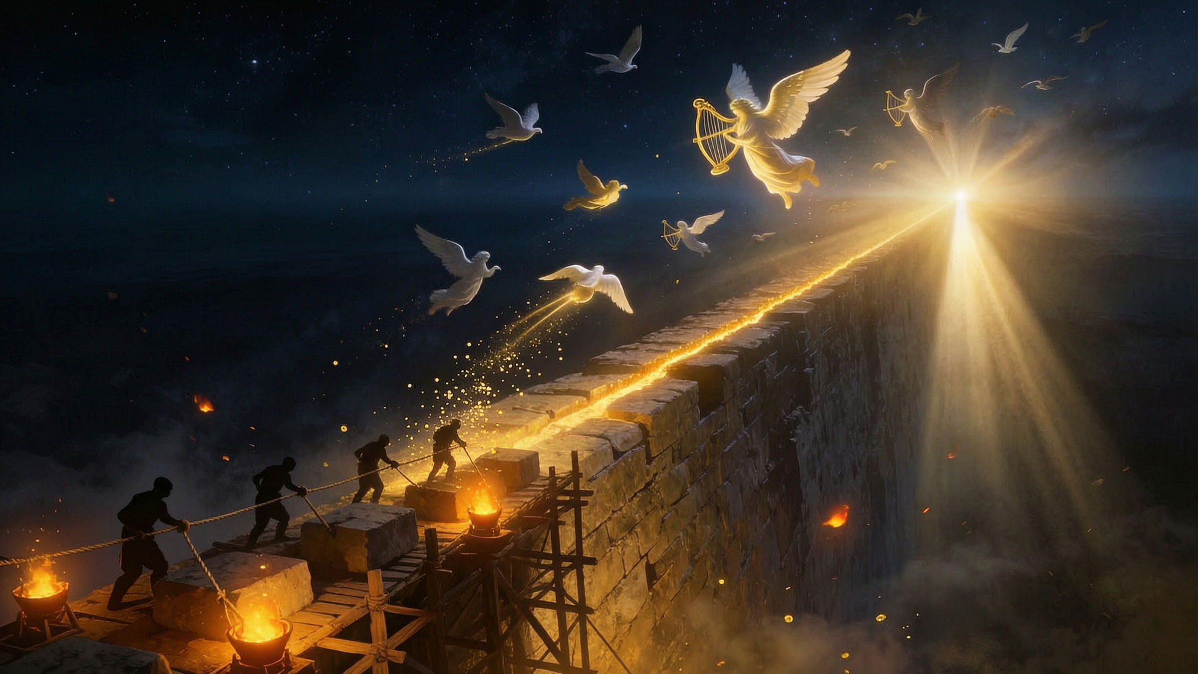 A colossal wall strung on a diagonal through open sky, fading upward with no top. Tiny builders cling to its near edge over a bottomless dark abyss that falls away below. Above, scattered winged angels fly in varied motion, some playing harps, their music falling as gold light.