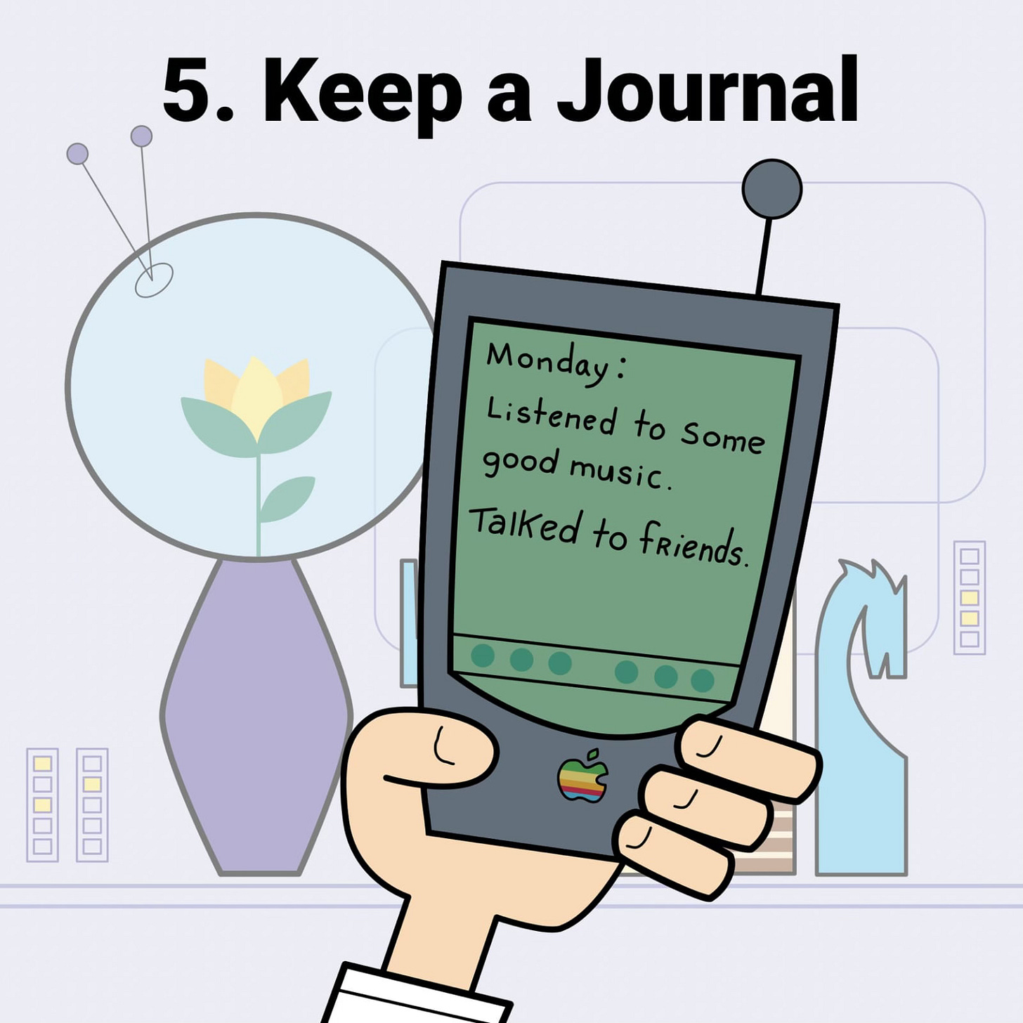 a cartoon illustration of the Apple Newton handheld and the text "keep a journal"