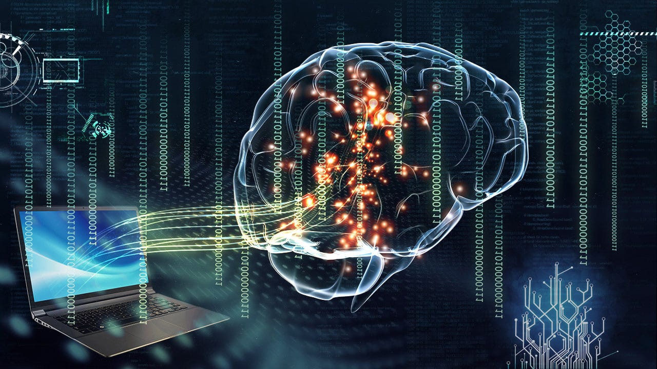 Computer with waves flowing into a brain Computer with waves flowing into a brain