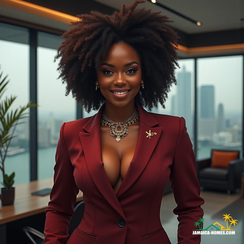 A stunning Jamaican woman with a radiant, light, mixed-race skin tone, full-figured and curvaceous, exuding confidence and poise, dressed in a sleek, high-end power suit that accentuates her professional realtor persona. Her striking features are framed by a warm, approachable smile, and her hair is styled in natural, luscious curls or elegant locs, proudly showcasing her Rasta heritage. She stands in a modern, upscale real estate office, surrounded by subtle, sophisticated decor that enhances her air of success, including polished wood accents, luxurious textiles, and tasteful artwork. Inspired by the digital art of Ash
