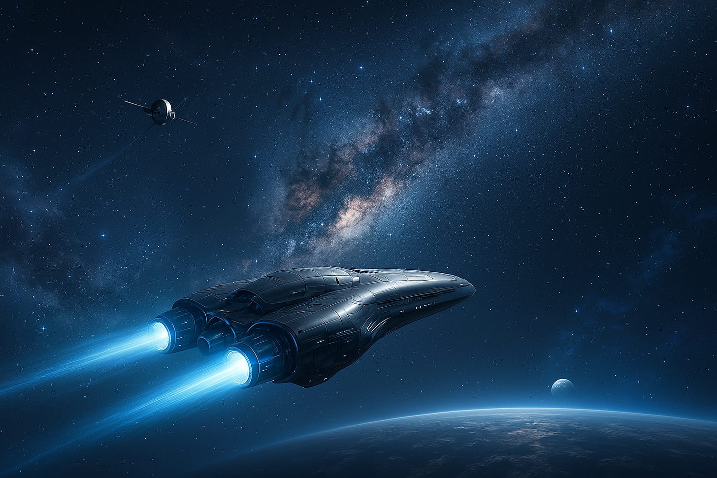 Futuristic human starship leaving the Solar System toward Alpha Centauri, symbolizing the future of interstellar exploration