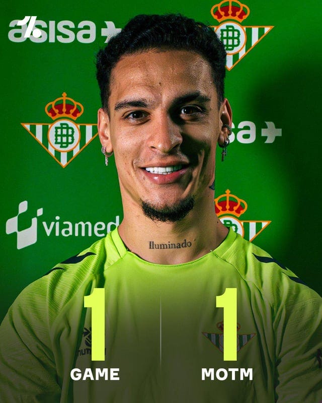 Antony ganhou o prêmio de melhor jogador da partida em sua estreia pelo  Real Betis. O time da casa empatou em 2x2 com o Athletic Bilbao : r/futebol