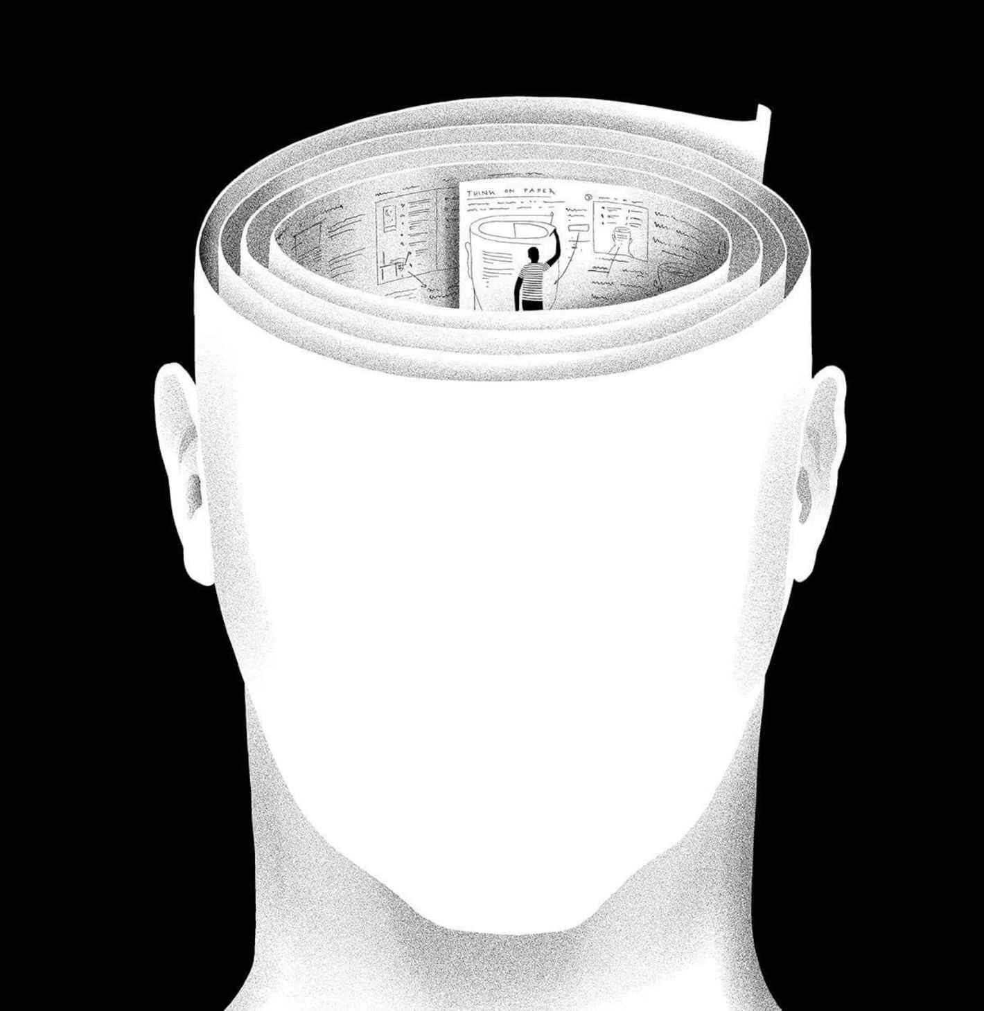 A man's head made of a rolled-up scroll of paper, with a small figure inside writing on it.