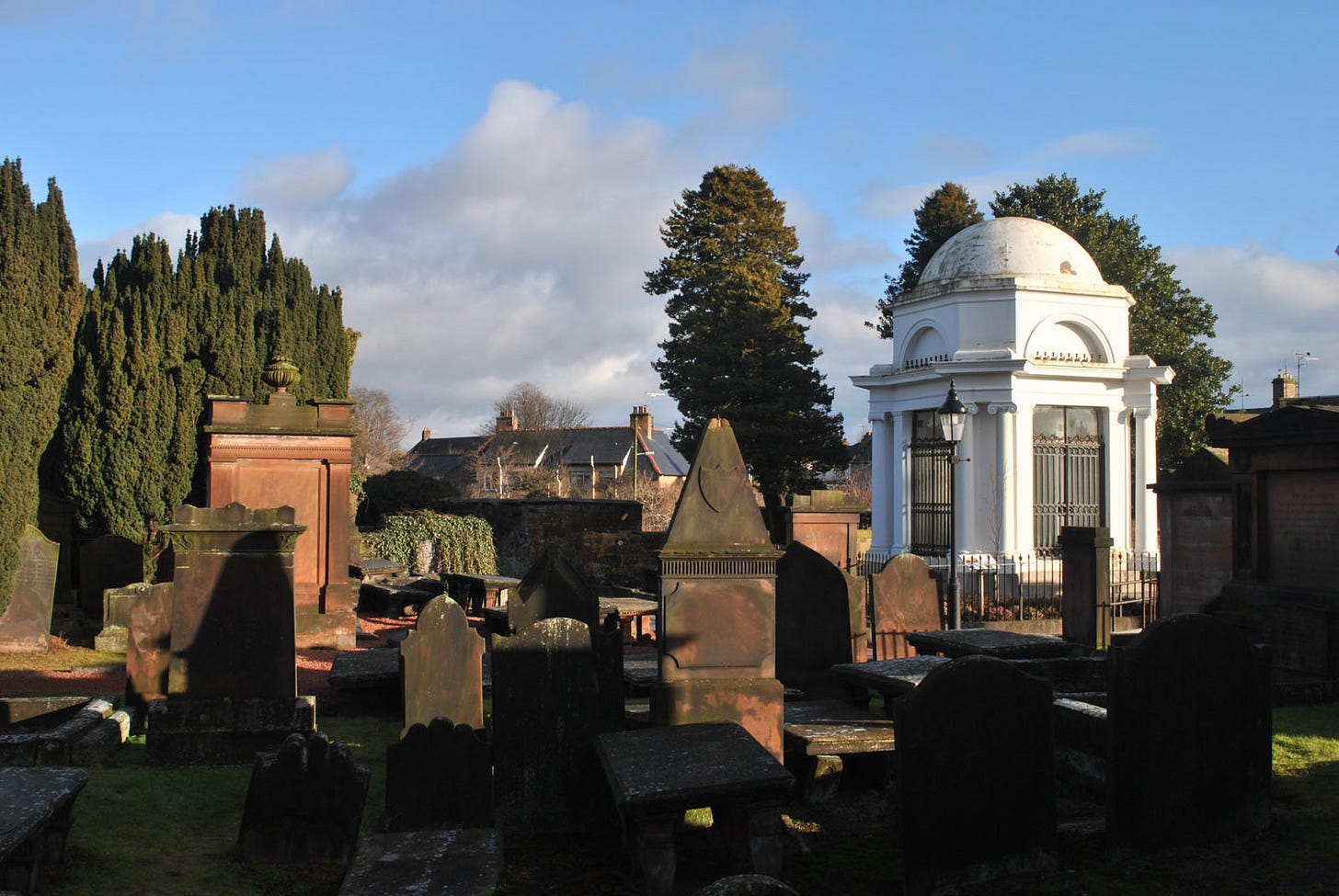 graveyard with tall monuments