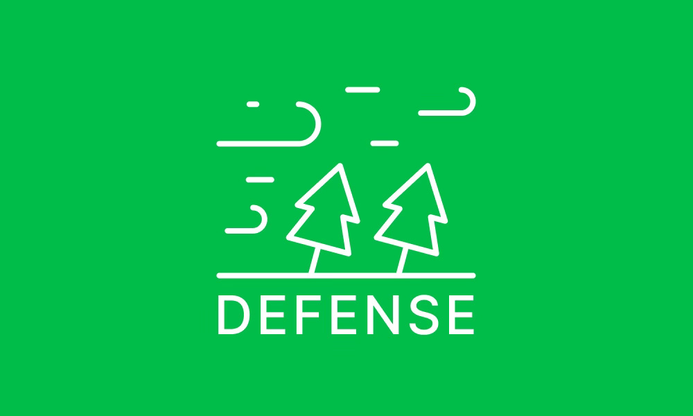 Illustration of trees being blown in the wind with the word, "defense"