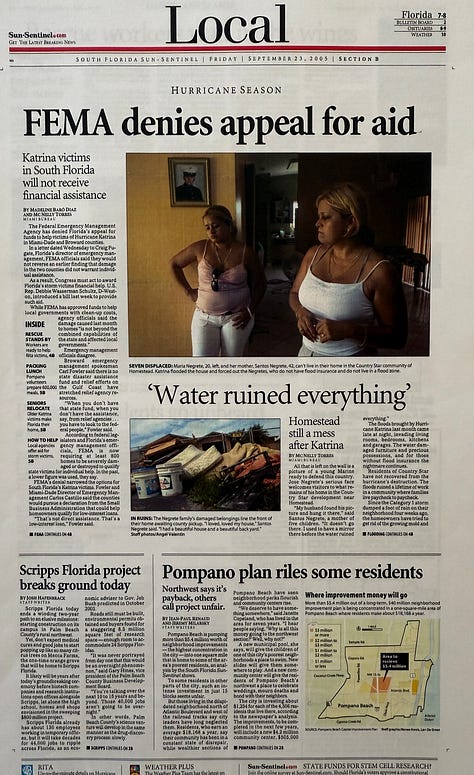 Stories as published on the South Florida Sun-Sentinel's metro front page, Sept. 23, 2005, including a Sept. 10, 2005 story shedding light on FEMA's denials to provide help for people affected by Hurricane Katrina floods. Click on the image to see the stories. (Mc Nelly Torres | Don't Forget My Voice)