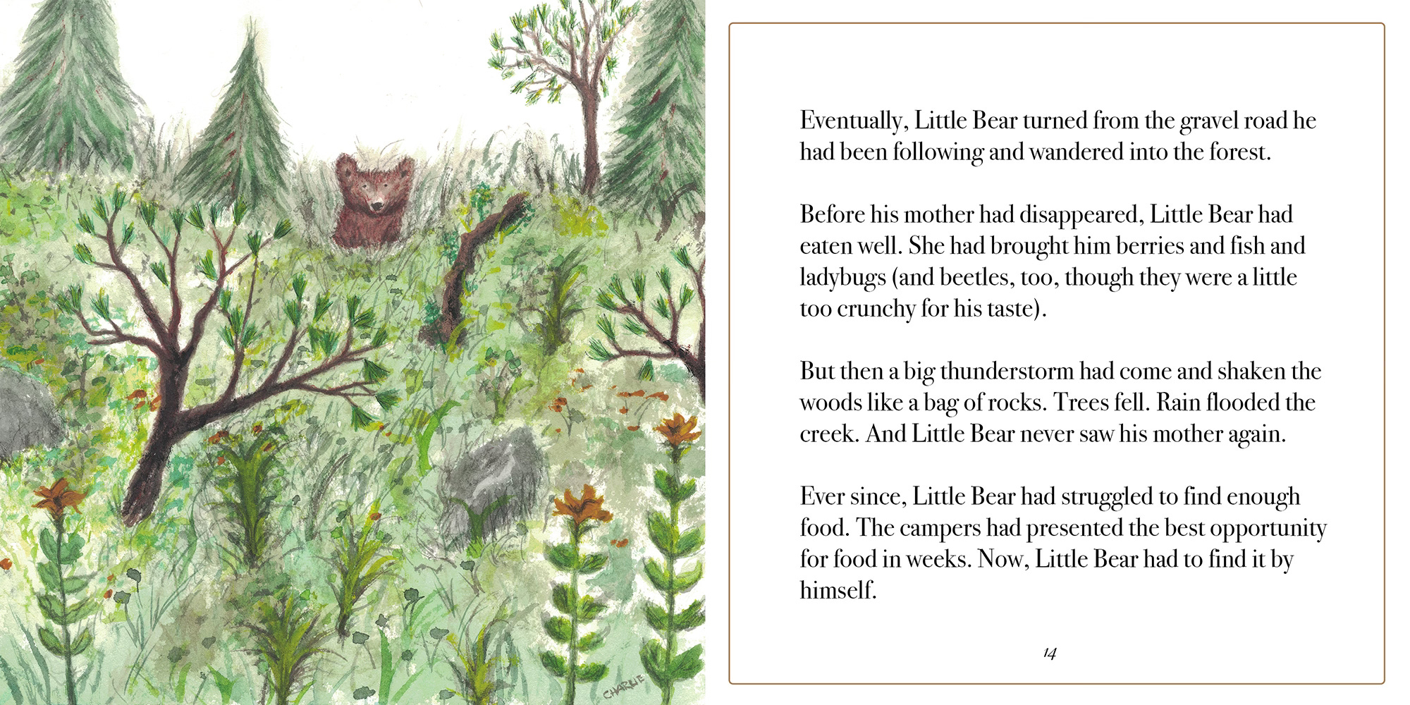 A storybook illustration of a bear in the forest