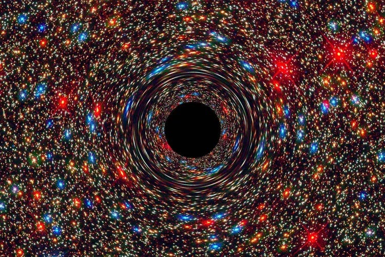 a visualization of a black hole surrounded by spots of colored light, warping spacetime around it as the spots stretch