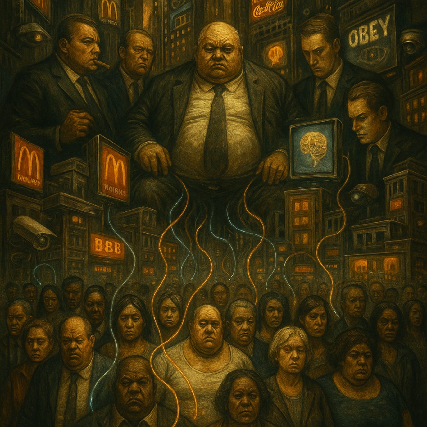 A dark, dystopian painting depicting a surreal urban landscape where a grotesque, bloated ruling elite feasts upon the masses. The masses include a diverse range of ordinary people—young, old, men, women, different races, body types—all intertwined and entangled as a living source of sustenance for the rich and powerful. Advertisements, money symbols, corporate logos, and surveillance motifs are woven into the architecture, suggesting a matrix-like system where reality and control merge. The scene is hyper-detailed, oppressive, yet recognisable as a distorted reflection of the modern world.