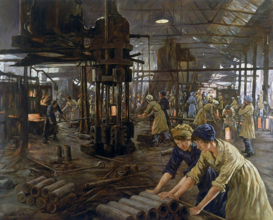 L0059548 'The Munitions Girls' oil painting, England, 1918
Credit: Science Museum, London. Wellcome Images
images@wellcome.ac.uk
http://wellcomeimages.org
Commissioned by John Baker & Co, this famous oil painting, entitled The Munitions Girls, shows women working at Kilnhurst Steelworks during the First World War. The artist was Alexander Stanhope Forbes (1857-1947). 

Like many other steelworks during the war, John Baker & Cos Kilnhurst site was converted to make shells and ammunition. As men volunteered or were conscripted to fight in the British Army, women became the main work force in industry and farming. 

Munitions workers could often be picked out in a crowd because of the distinctive yellow colouring of their hair and skin caused by the sulphur used in production. They were nicknamed canaries.

artist: Forbes, Stanhope Alexander

Place made: England, United Kingdom
made: 1918 Published:  - 

Copyrighted work available under Creative Commons Attribution only licence CC BY 4.0 http://creativecommons.org/licenses/by/4.0/