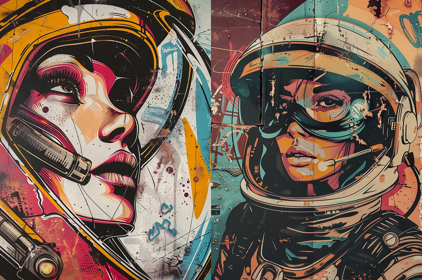 Vector Illustration of a female astronaut character, closeup, in the style of graffiti characters