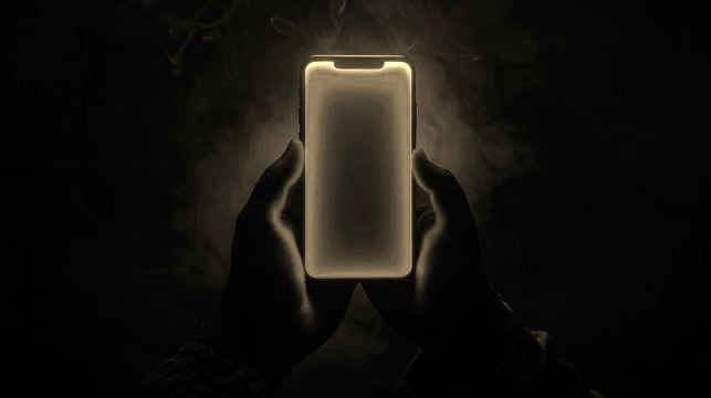 Black-and-white image of two hands holding a glowing smartphone in darkness, symbolizing distraction, fractured focus, and the grip of technology on human attention.
