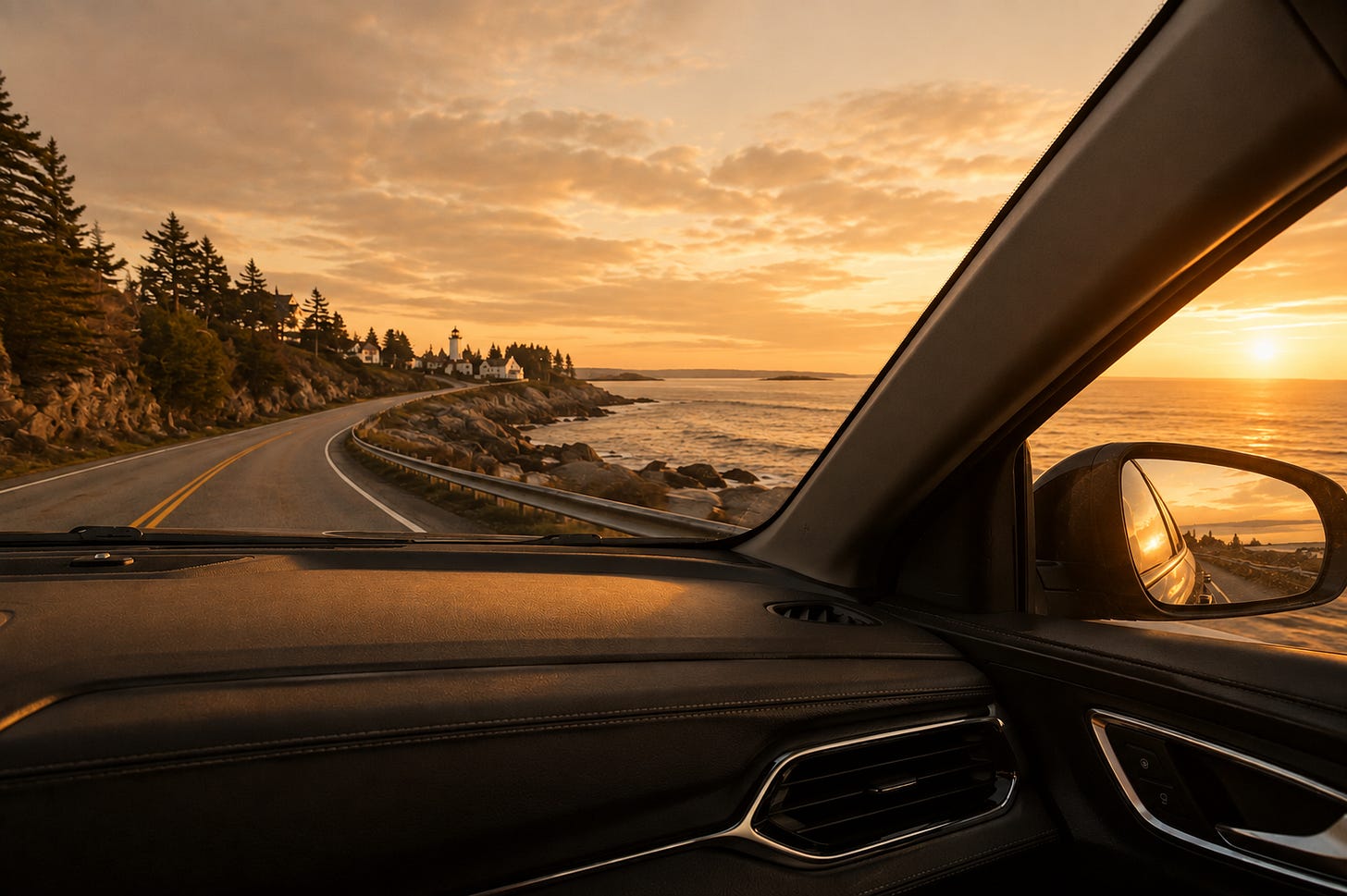 Maine coastline, passenger-seat perspective, warm light