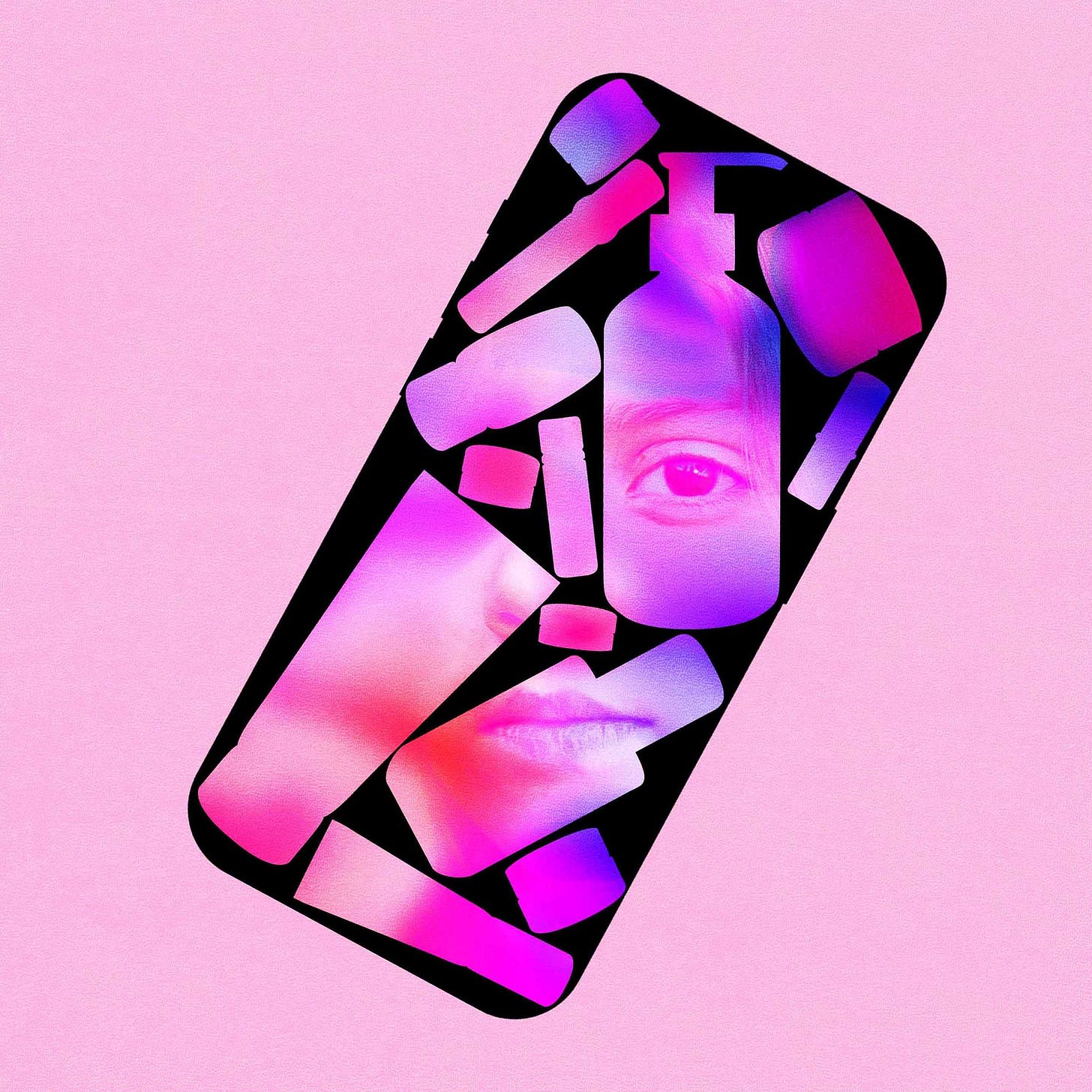 An illustration of a tweens face superimposed on the silhouettes of skincare products contained within the frame of an... An illustration of a tweens face superimposed on the silhouettes of skincare products contained within the frame of an...