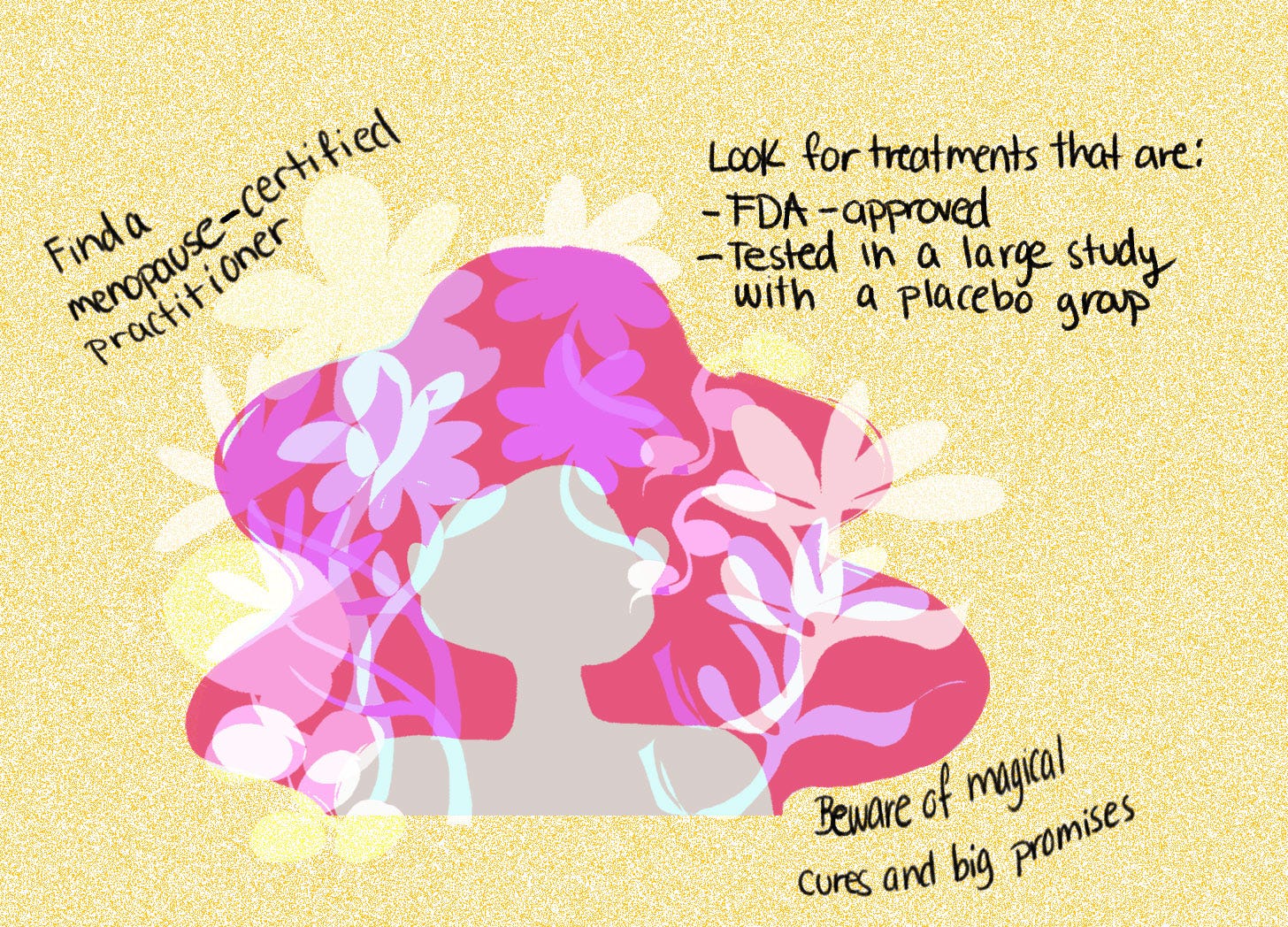An illustration against a grainy, pastel-yellow background. At the center of the illustration is the bust of a woman with long pink hair. Around her head, text reads: "Find a menopause-certified practitioner. Look for treatments that are: FDA-approved, tested in a large study with a placebo group. Beware of magical cures and big promises." The illustration is meant to advise women on things to look out for while seeking menopause treatment. An illustration against a grainy, pastel-yellow background. At the center of the illustration is the bust of a woman with long pink hair. Around her head, text reads: "Find a menopause-certified practitioner. Look for treatments that are: FDA-approved, tested in a large study with a placebo group. Beware of magical cures and big promises." The illustration is meant to advise women on things to look out for while seeking menopause treatment.
