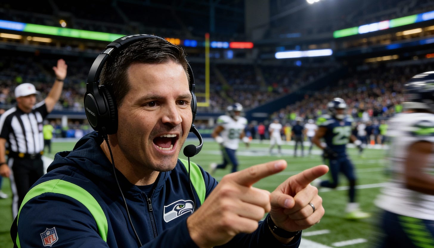 Seahawks head coach Mike Macdonald making defensive adjustments on sideline during fourth quarter comeback with intense expression