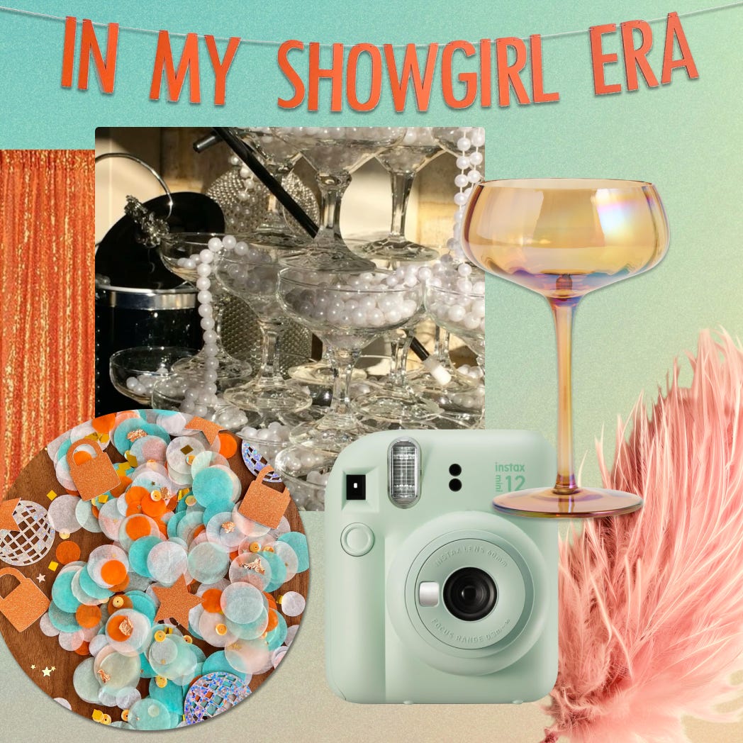A collage showing products that can be used to decorate a Life of a Showgirl listening party