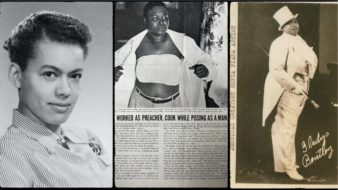 A panel containing 3 black-and-white photos of prominent black lesbian figures. Left is a headshot of Pauli Murray, center is a newspaper article featuring Annie Lee “Jim” Grant, and right is an Artist portrait of Gladys Bentley