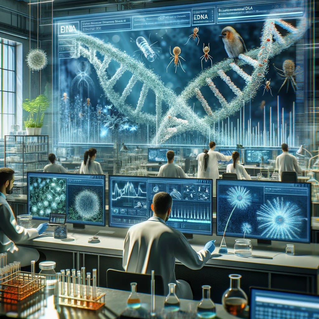 Visualize the process of environmental DNA (eDNA) analysis, showcasing advancements in DNA sequencing. The scene includes a laboratory setting with advanced DNA sequencing equipment analyzing samples from natural sources like water or soil. The focus is on the eDNA extraction process, where genetic traces left by various organisms in their surroundings are being studied. Scientists are observing the results on computer screens, which display the detection of various species, including rare and hard-to-observe ones. The image captures the significance of eDNA analysis for biodiversity monitoring and ecological studies, highlighting the ability to study the presence and distribution of species in different environments.