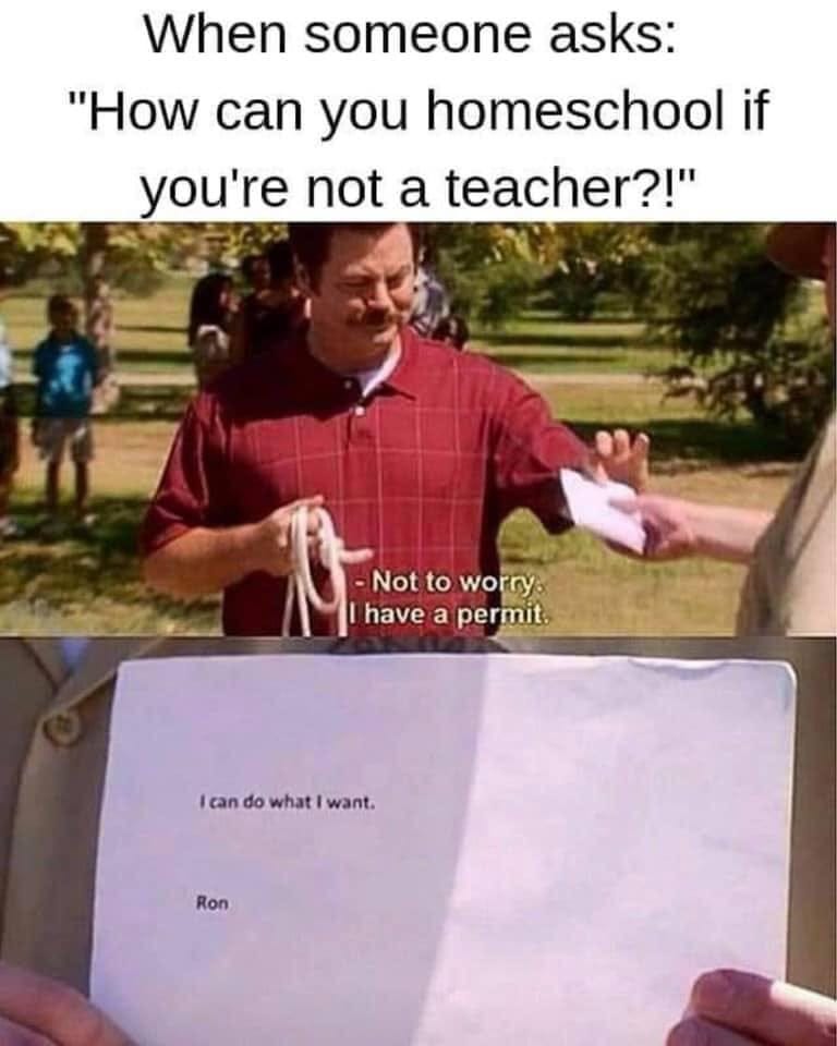 May be an image of 4 people and text that says 'When someone asks: "How can you homeschool if you're not a teacher?!" Not to worry have a permit. Ican do what want. Ron'