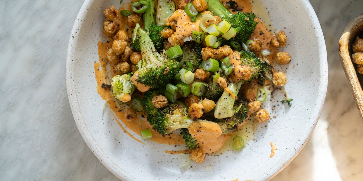 Crispiest chickpeas and charred broccoli with gochujang tahini yoghurt 