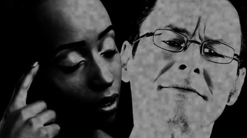 A black and white composite image featuring a woman in deep thought and a man with glasses, representing the tension between internal reflection and external skeptical observation.