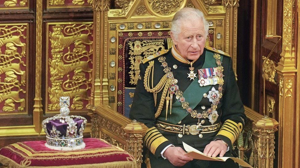 King Charles, then Prince of Wales, delivering the Queen's Speech in 2022 King Charles, then Prince of Wales, delivering the Queen's Speech in 2022
