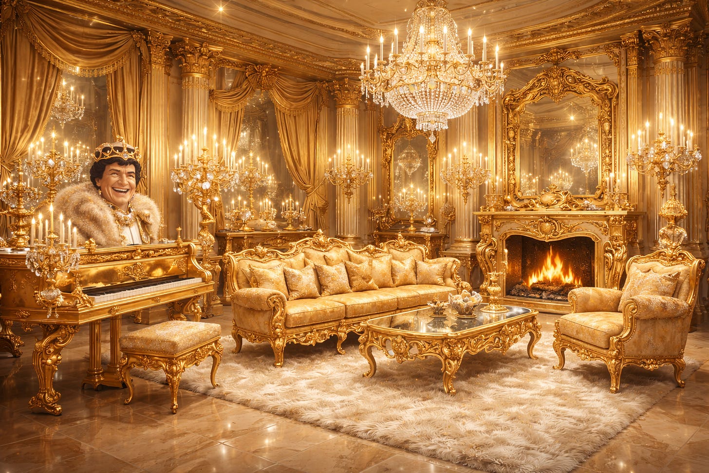A gold-saturated furniture showroom so opulent it borders on parody, filled with baroque-style gold sofas, carved tables, crystal chandeliers, mirrored walls, and gilded columns, all glowing under warm light as if the room itself is performing for an audience, embodying a vision of luxury where restraint was never invited.