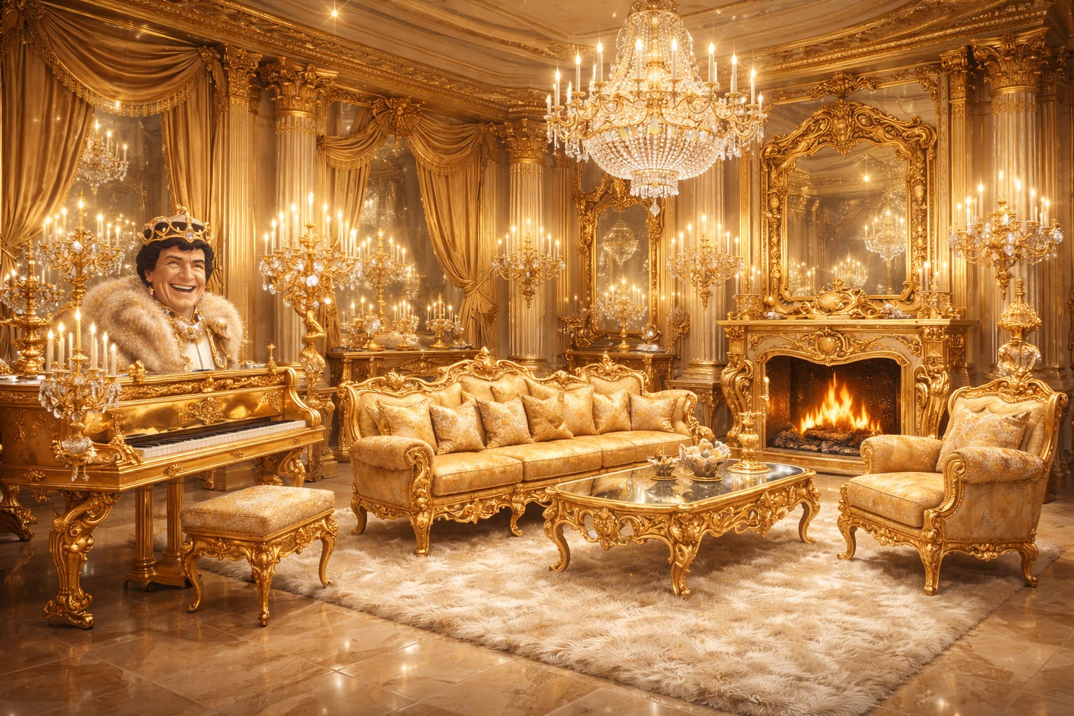 A gold-saturated furniture showroom so opulent it borders on parody, filled with baroque-style gold sofas, carved tables, crystal chandeliers, mirrored walls, and gilded columns, all glowing under warm light as if the room itself is performing for an audience, embodying a vision of luxury where restraint was never invited. A gold-saturated furniture showroom so opulent it borders on parody, filled with baroque-style gold sofas, carved tables, crystal chandeliers, mirrored walls, and gilded columns, all glowing under warm light as if the room itself is performing for an audience, embodying a vision of luxury where restraint was never invited.