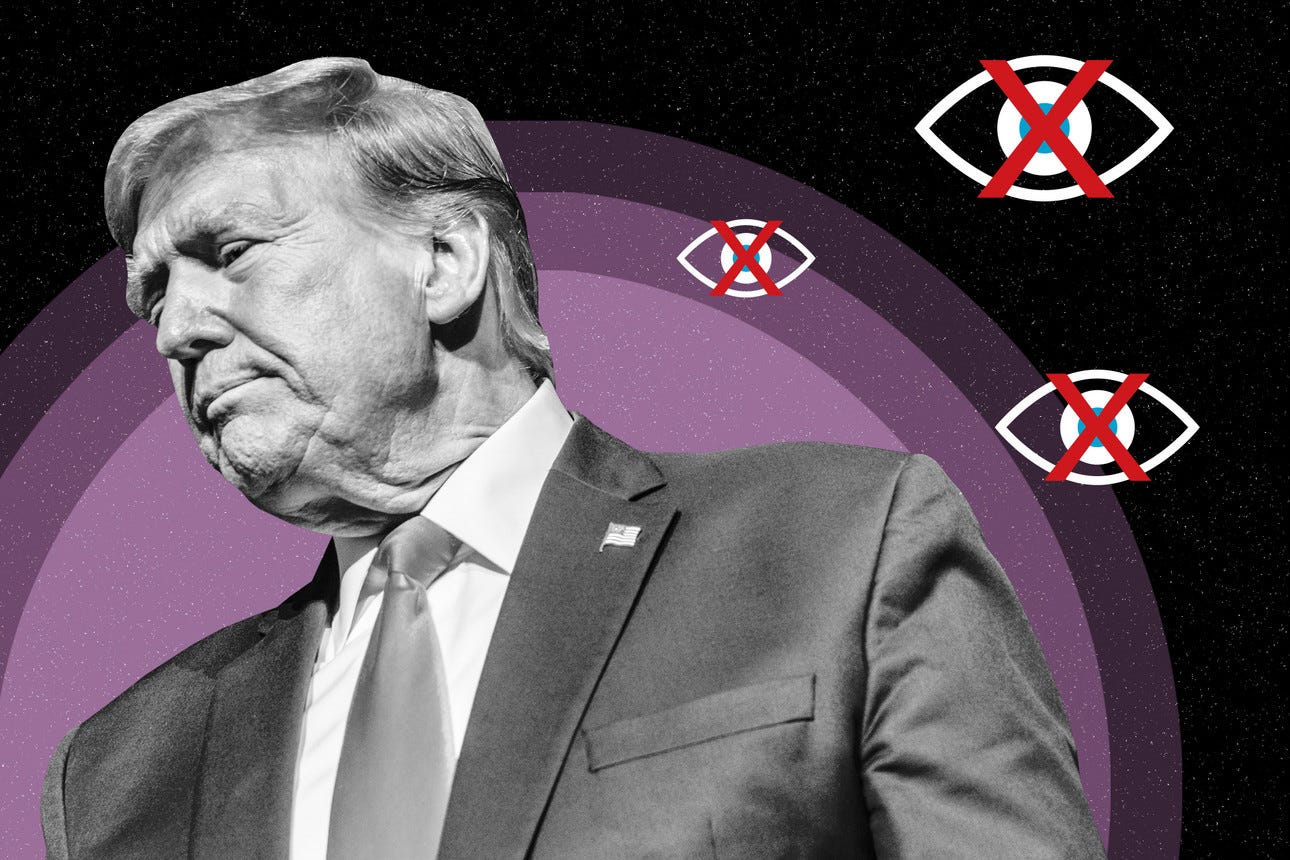 An illustration of Donald Trump in grayscale on a black and purple background with eye icons with red Xs over them