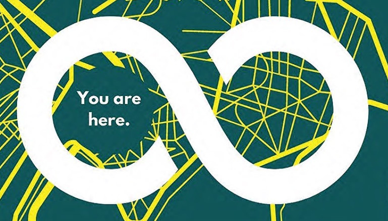 Yellow infinity loop on a green background with yellow map lines. Inside left hand circle it says You are here.