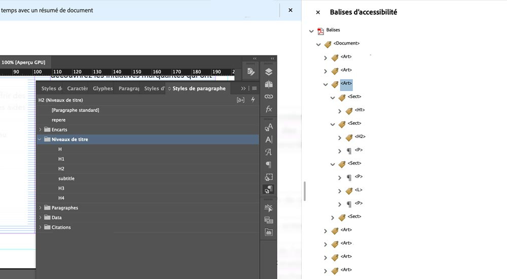 Aperçu des outils d'accessibilité des logiciels InDesign et Acrobat Pro.