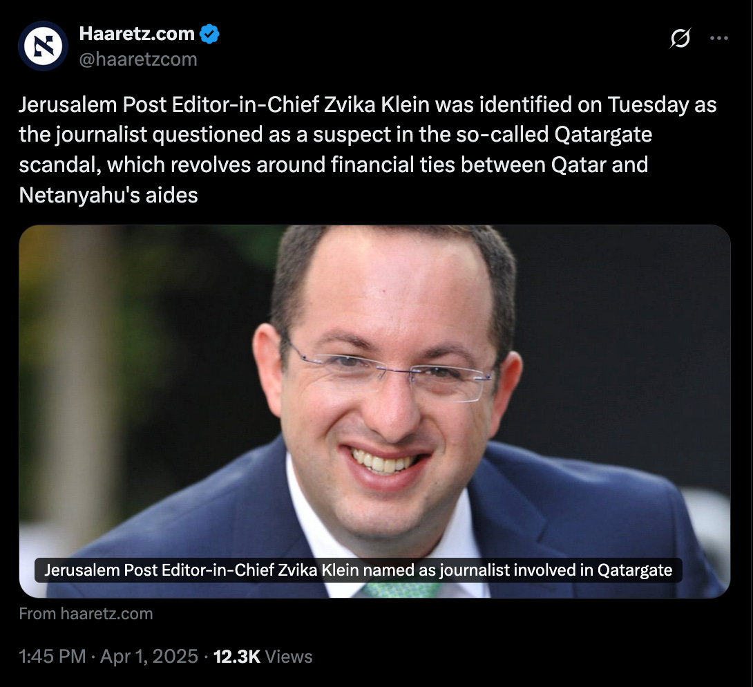 e Haaretz.com & lo @haaretzcom Jerusalem Post Editor-in-Chief Zvika Klein was identified on Tuesday as the journalist questioned as a suspect in the so-called Qatargate scandal, which revolves around financial ties between Qatar and Netanyahu's aides 