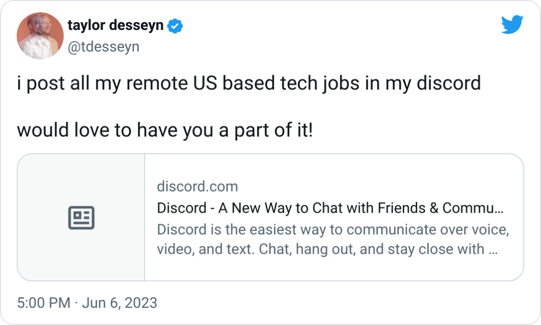taylor desseyn @tdesseyn i post all my remote US based tech jobs in my discord would love to have you a part of it! taylor desseyn @tdesseyn i post all my remote US based tech jobs in my discord would love to have you a part of it!