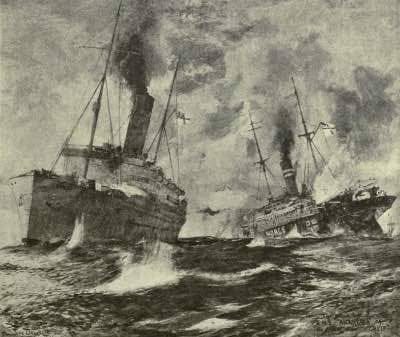 HMS Alcantara (left) engages the German raider Greif