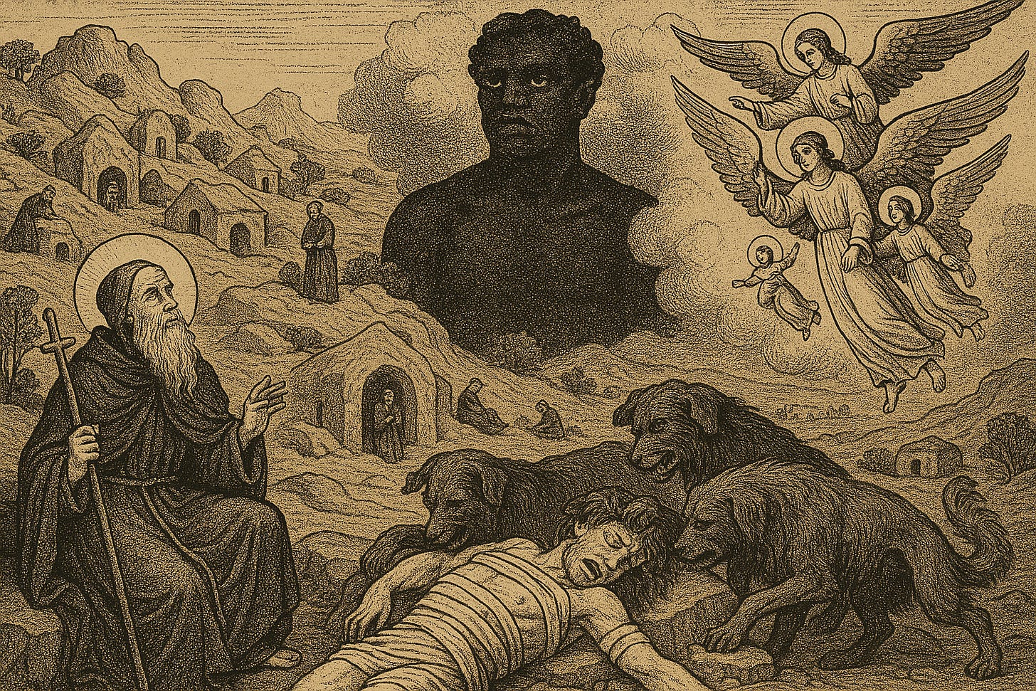 十九世纪早期的版画,描绘了沙漠教父们的洞穴 十九世纪早期的版画,描绘了沙漠教父们的洞穴