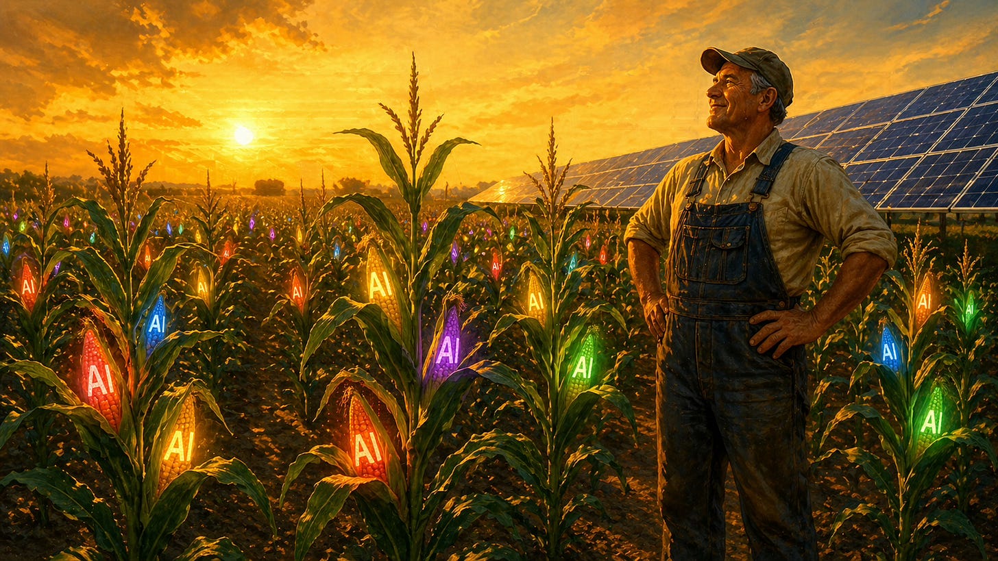 A painterly editorial illustration of a proud farmer in overalls and a cap standing with one hand on his hip among rows of corn at golden hour. Where the ears of corn would be, each stalk bears a glowing illuminated AI in a different color — red, blue, purple, green, amber — like Christmas lights across the field. A large solar panel array is visible behind him, catching the last of the afternoon sun. The farmer gazes upward with a satisfied smile. The warm amber sky and the multicolored glowing AI corn create a mood of abundance and quiet pride.