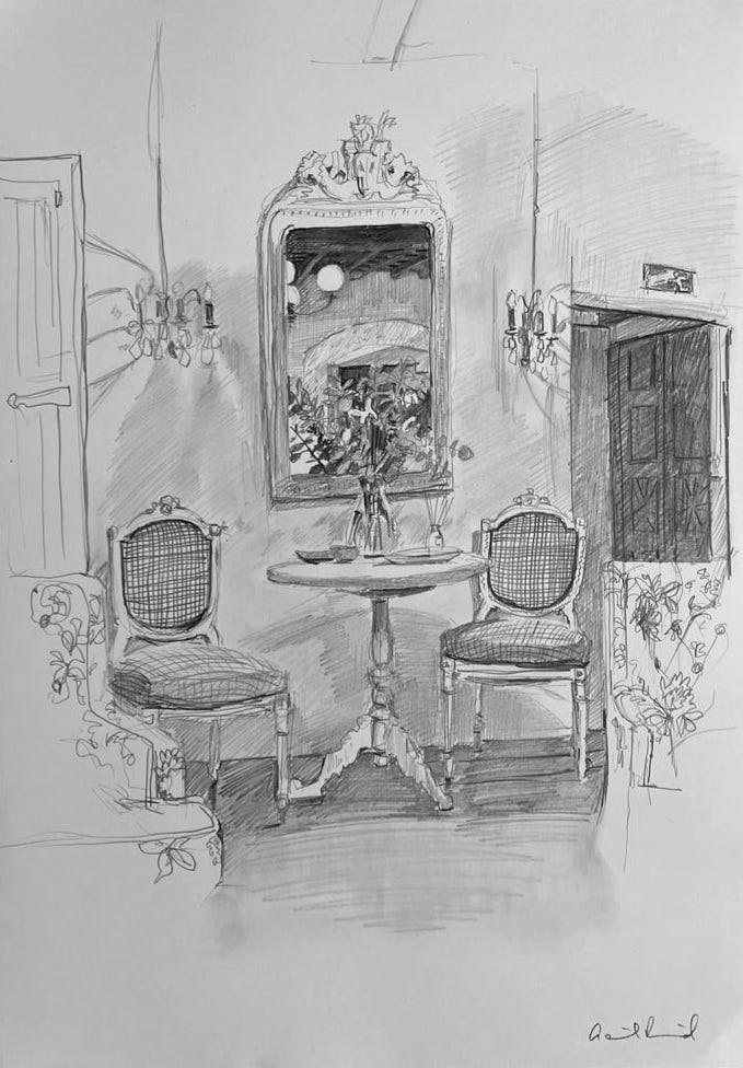Sitting room sketch in graphite
