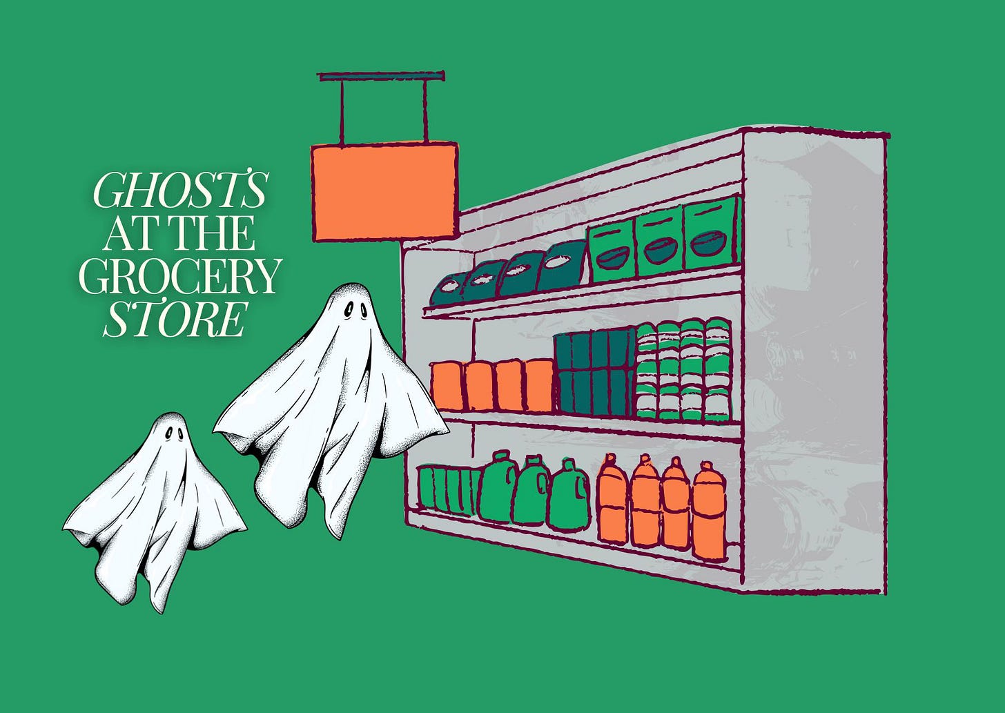 a big ghost and a smaller ghost floating down a supermarket aisle
