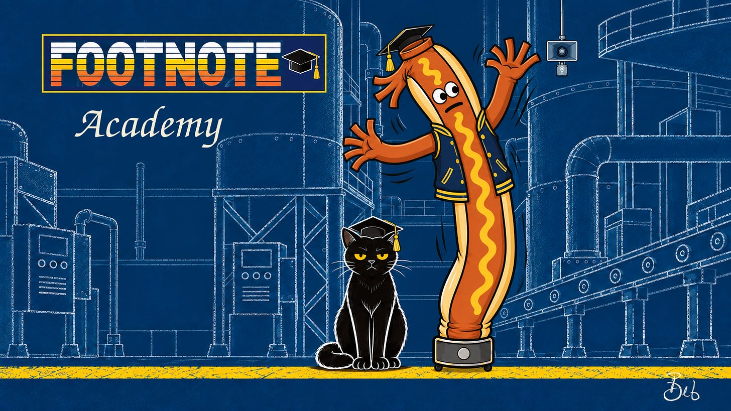 FOOTNOTE Academy graduation scene with Academy in cream script, Footnote the cat and Frank on a blueprint factory background.