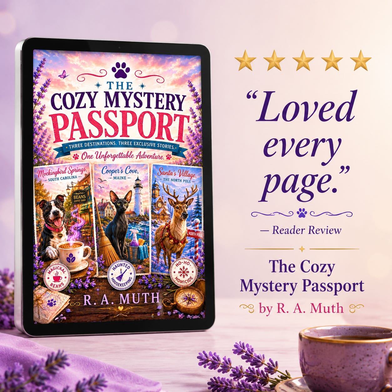 Cozy Mystery Passport by R. A. Muth book cover with review quote