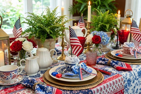 Blueberry bread, lavender shortbread, July dinners, tomato pie, a peach crumb bar and a table setting idea for July.
