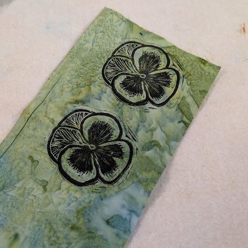 ice dyed t-shirt, pansy block prints on fabric