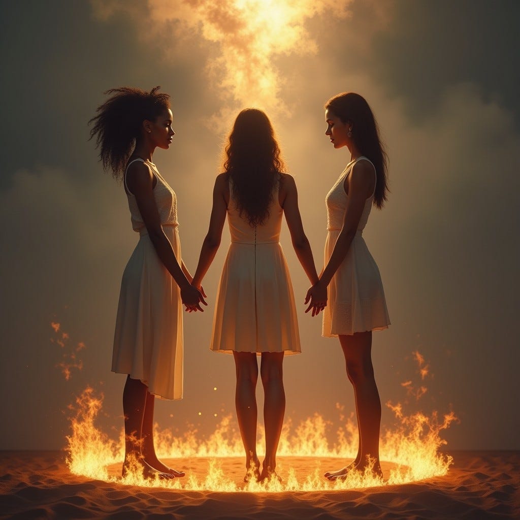 Realistic image - 3 women (African American Woman with Locs, Latina Woman, Caucasion woman), holding hands with head down in a circle, They are standing in the middle of a ring a fire on the ground surrounded them with a hand from heaven coming down to them. Realistic image - 3 women (African American Woman with Locs, Latina Woman, Caucasion woman), holding hands with head down in a circle, They are standing in the middle of a ring a fire on the ground surrounded them with a hand from heaven coming down to them.