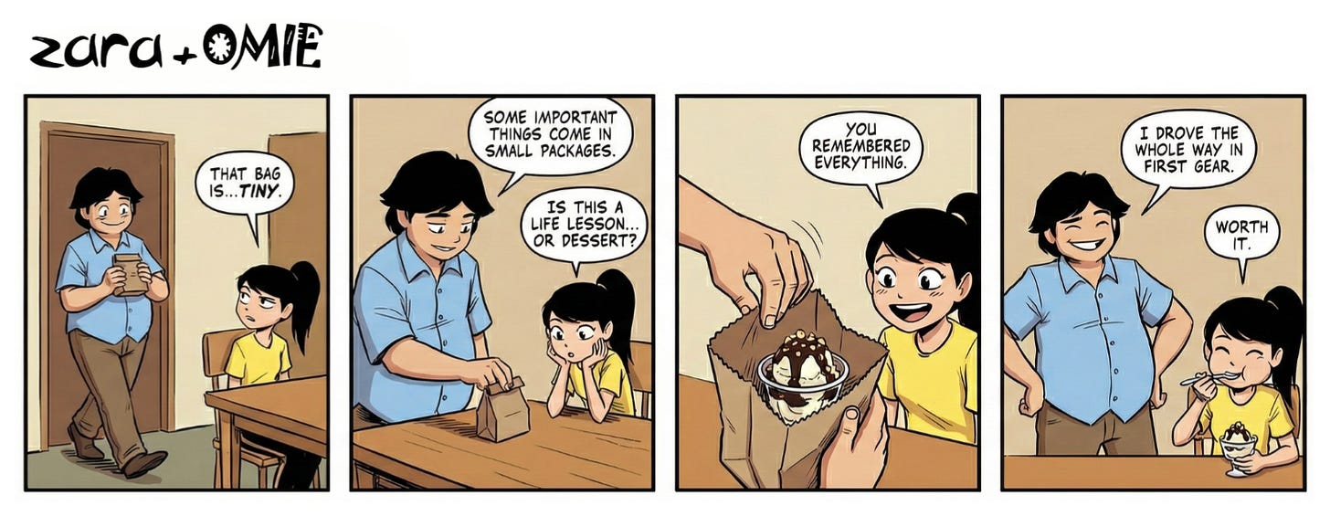 Papa arrives home with a tiny dessert bag; Zara lights up when she sees her favorite ice cream.