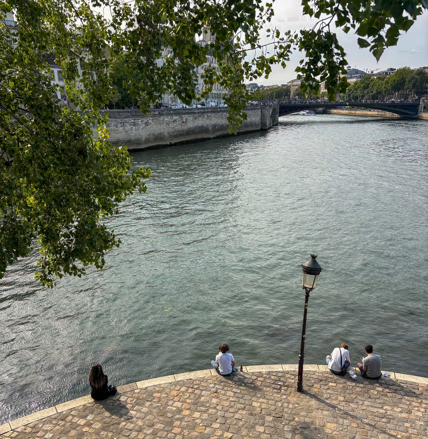 Locals sitting along the Seine riverbank on a summer evening in Paris Locals sitting along the Seine riverbank on a summer evening in Paris
