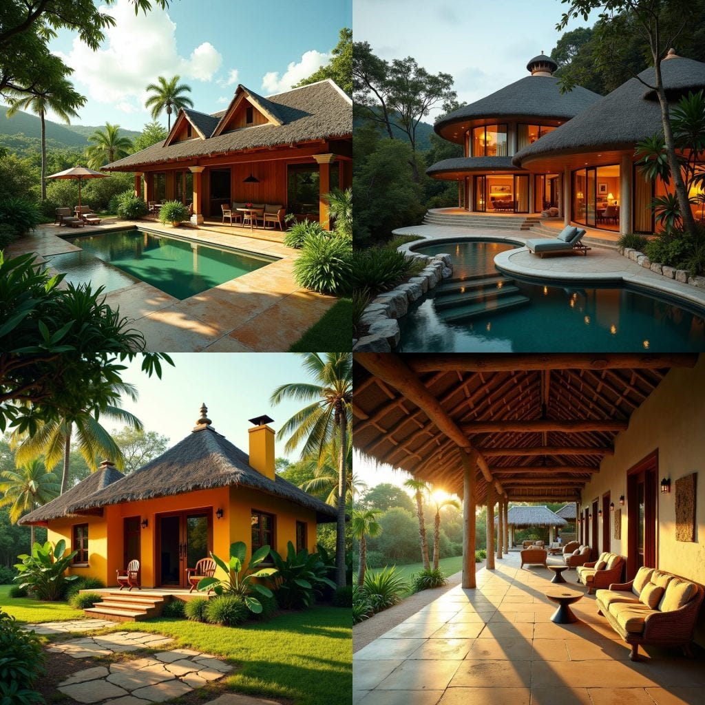 A modern Jamaican and Ghanaian styled home in Jamaica, blending traditional African and colonial influences, with a focus on open spaces, communal living, and harmony with nature. The design incorporates elements reminiscent of traditional African homes, with a seamless fusion of wood, stone, and earthy tones. The architecture is characterized by clean lines, minimalist ornamentation, and an emphasis on natural ventilation. Cinematic lighting casts a warm glow, with deep shadows and rich textures