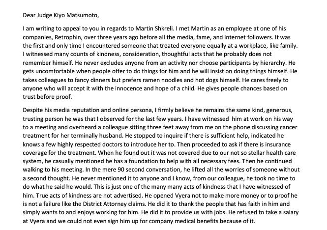 Text of a letter in support of Martin.