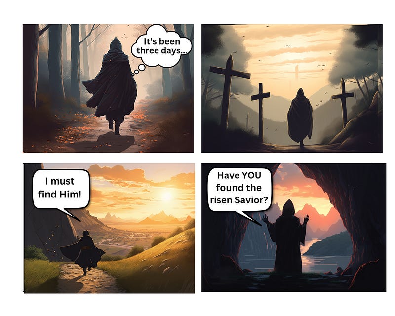 Comic of a traveler passing three crosses and finding Jesus' empty tomb.
