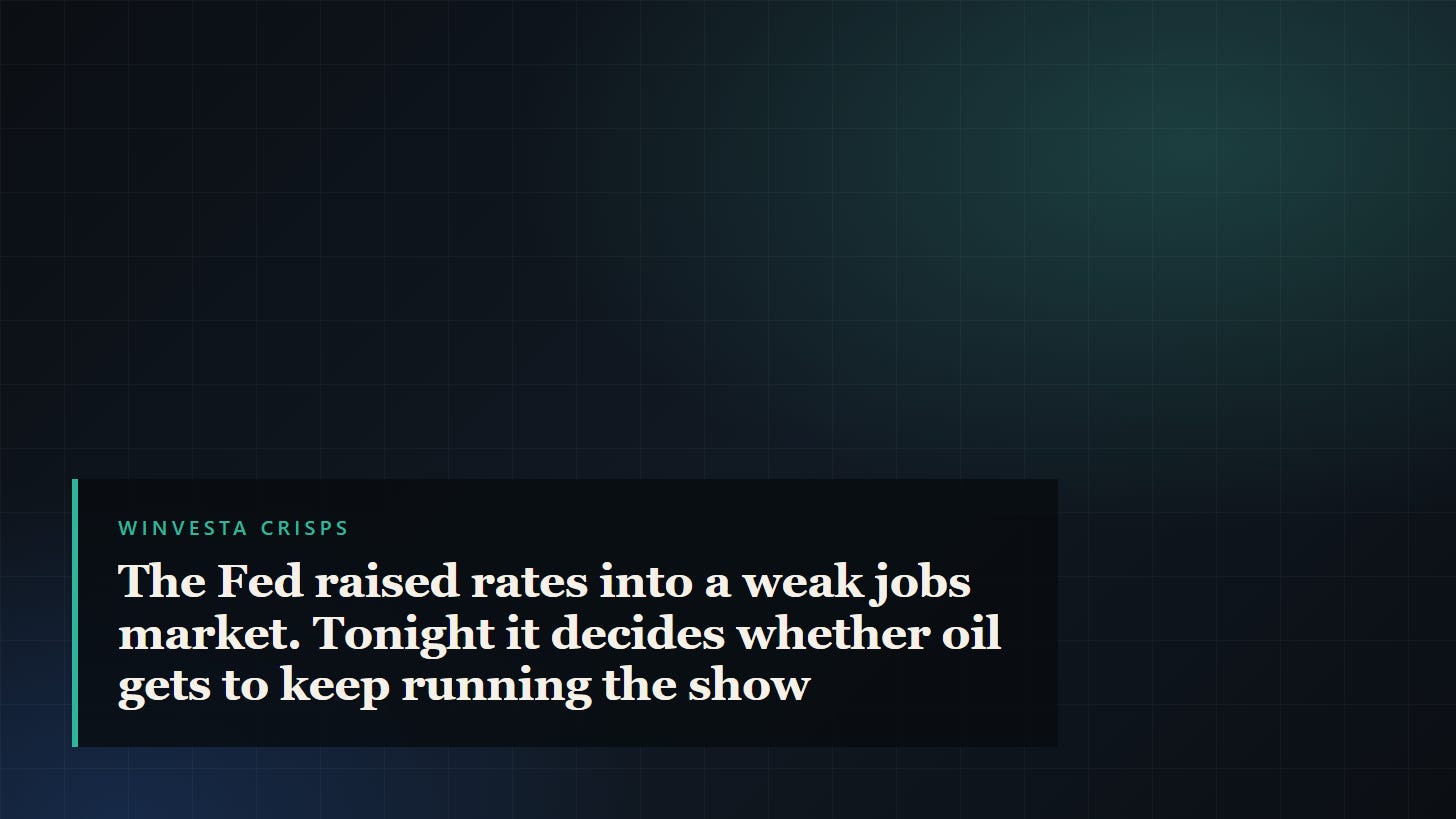 The Fed raised rates into a weak jobs market. Tonight it decides whether oil gets to keep running the show The Fed raised rates into a weak jobs market. Tonight it decides whether oil gets to keep running the show